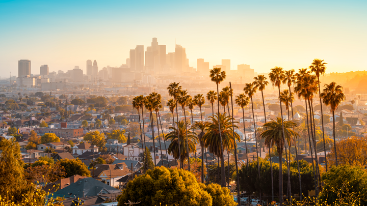 An afternoon view looking over the warm Los Angeles skyline.
