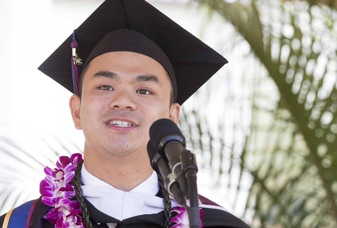 Valedictorian Jonathan Adam Manalo Santos delivers speech at commencement
