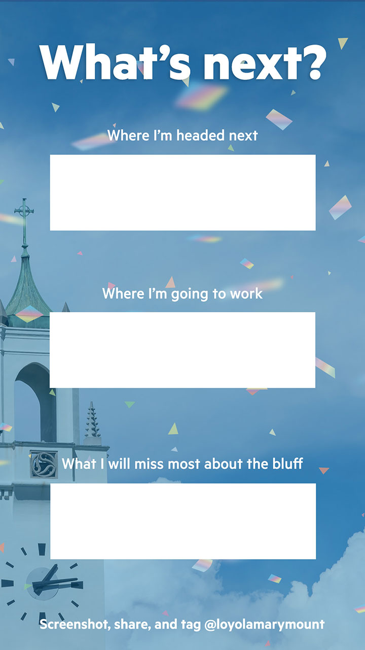 Three empty boxes with the words Where Im headed next, Where Im going to work, and What Ill miss most about the bluff