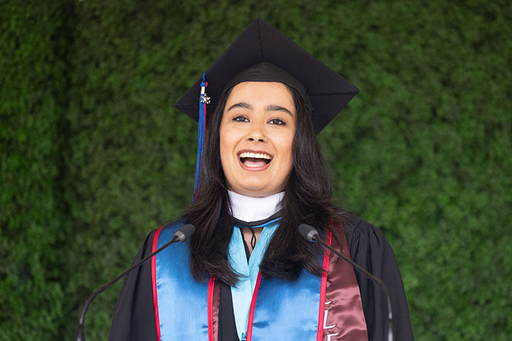 Isabella Kaur Chhina addresses the 2025 LMU Undergraduate Commencement