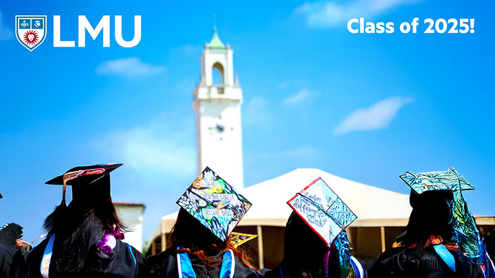 Graduates seated in Sunken Garden during the commencement ceremony with Sacred Heart Chapel in the distance and the words Class of 2025