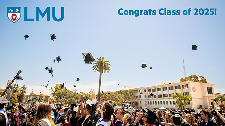 Students throwing their graduation caps in the air with the words Congrats Class of 2025