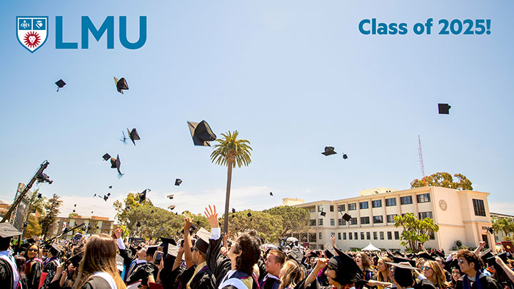 Students throwing their graduation caps in the air with the words Class of 2025